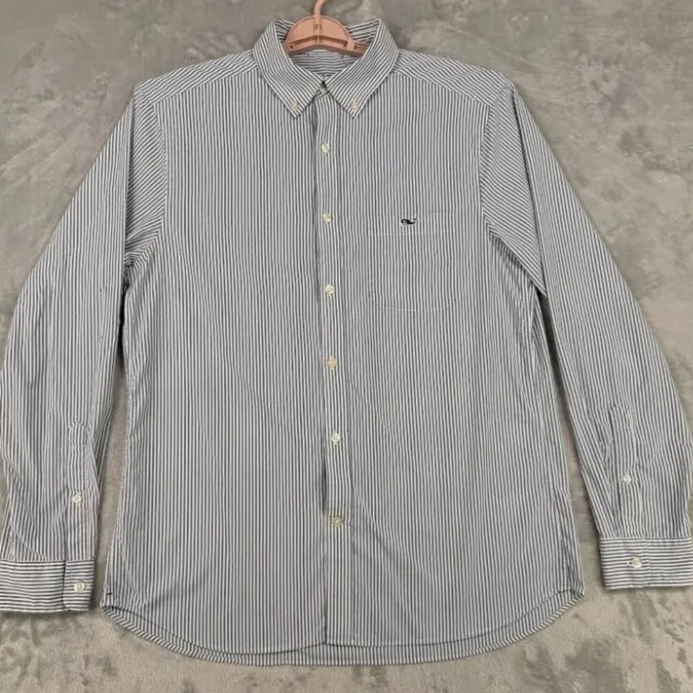 Vineyard Vines White and Blue “On-The-Go Performance” Striped Button-Down Shirt